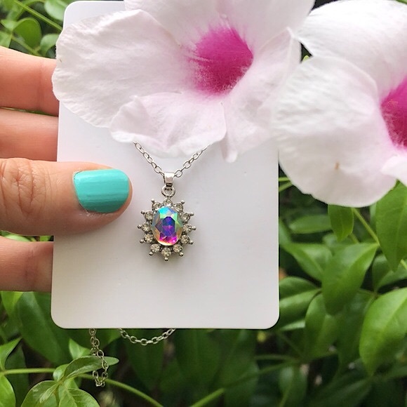 Aurora Borealis Crystal Halo Drop Necklace - Picture 7 of 9